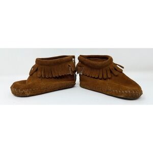 Minnetonka Infant's Brown Suede Leather Fringe Back Strap Booties Size 3